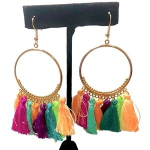 Multicolored Fringe Gold Hoop Fish Hook Earrings